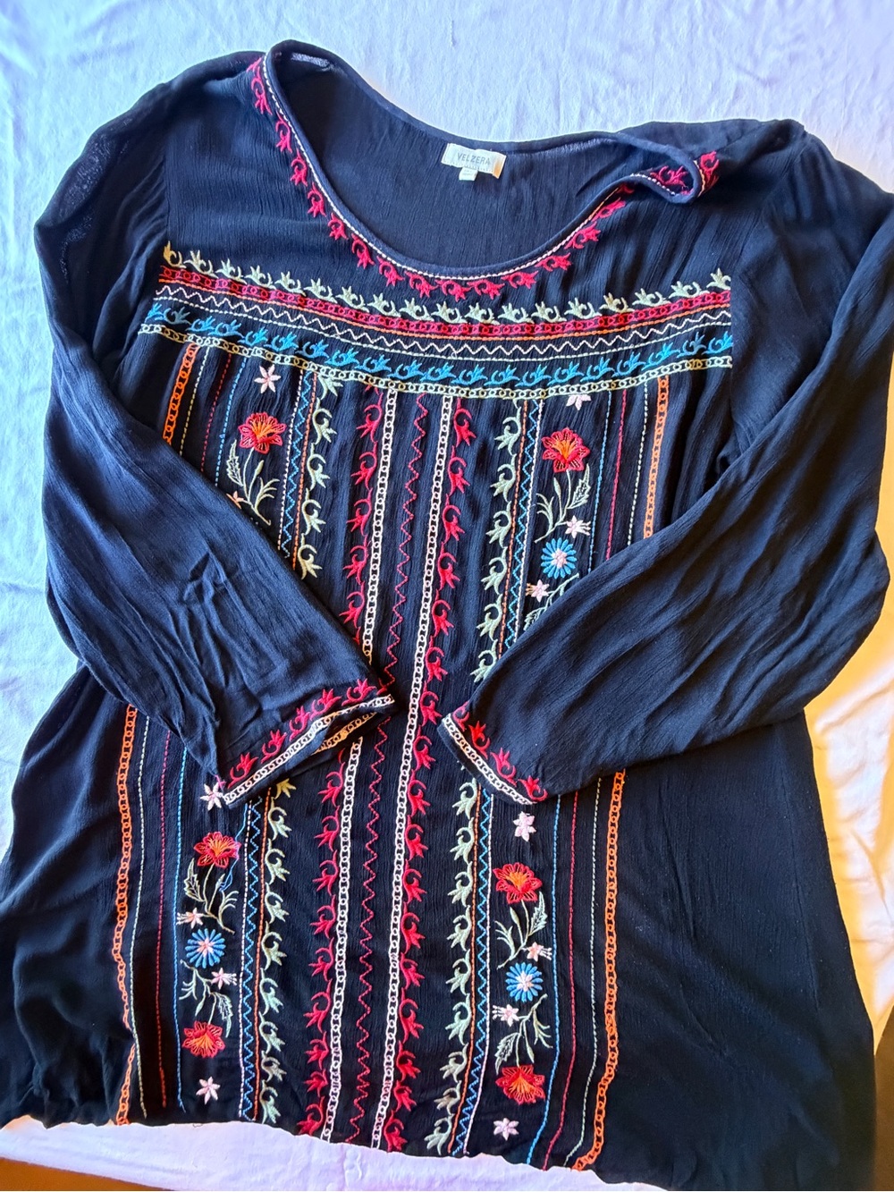 Boho Embroidered Black Tunic Dress with Multicolor Floral Stitching